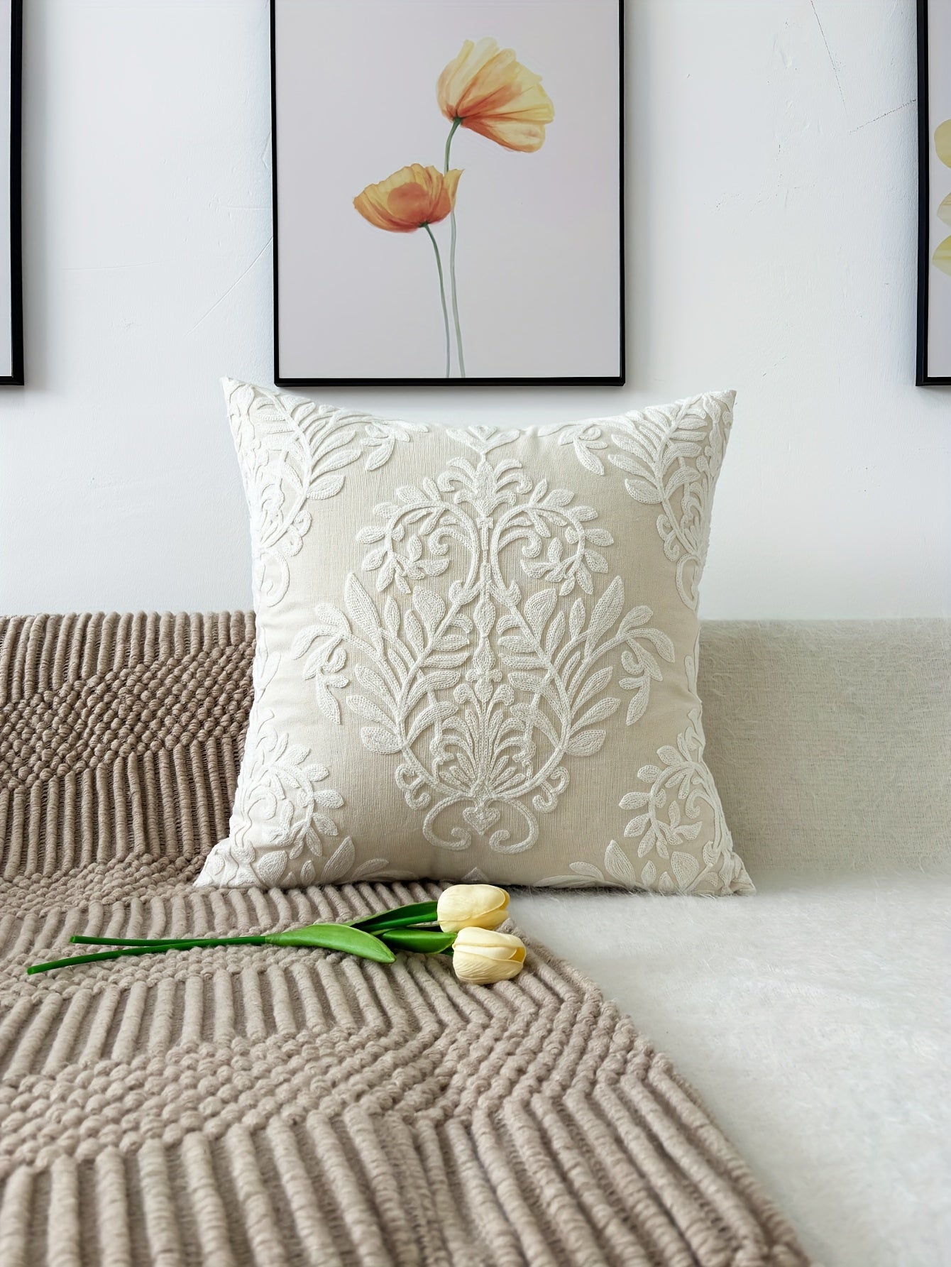 Contemporary Embroidered Floral Throw Pillow Cover