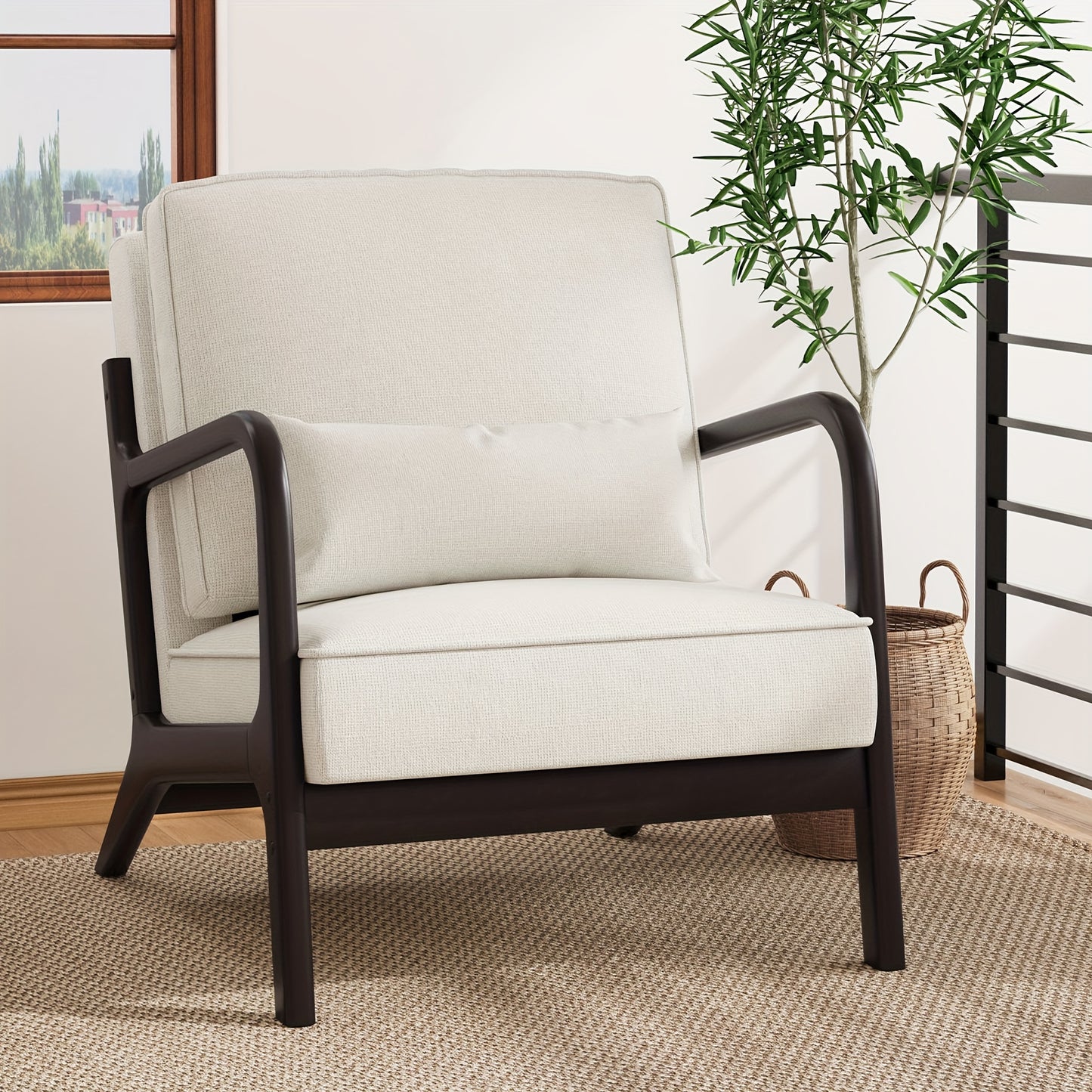Modern Mid-Century Linen Solid Wood Upholstered Armchair Accent Chair