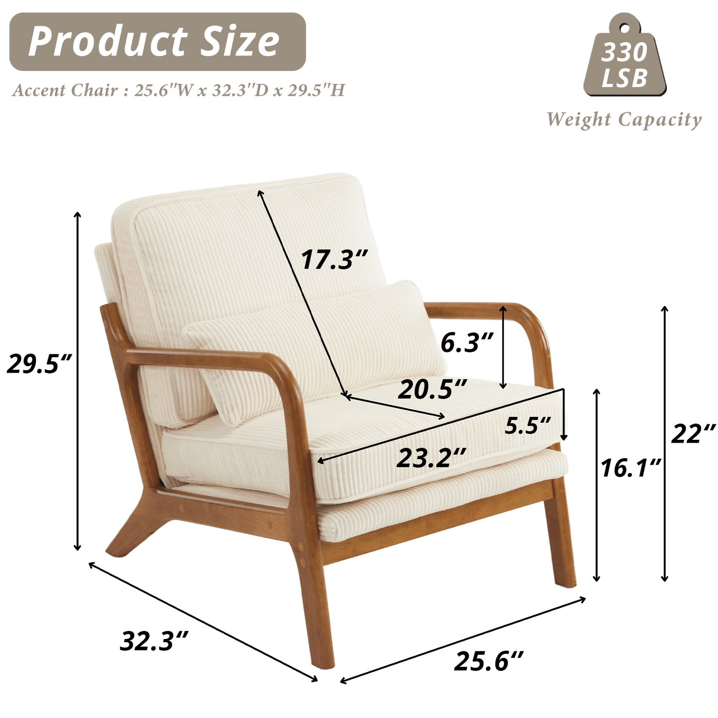 Mid-Century Modern Accent Chair with Soft Cushion, Solid Wood Frame, and Corduroy Upholstered Pillow