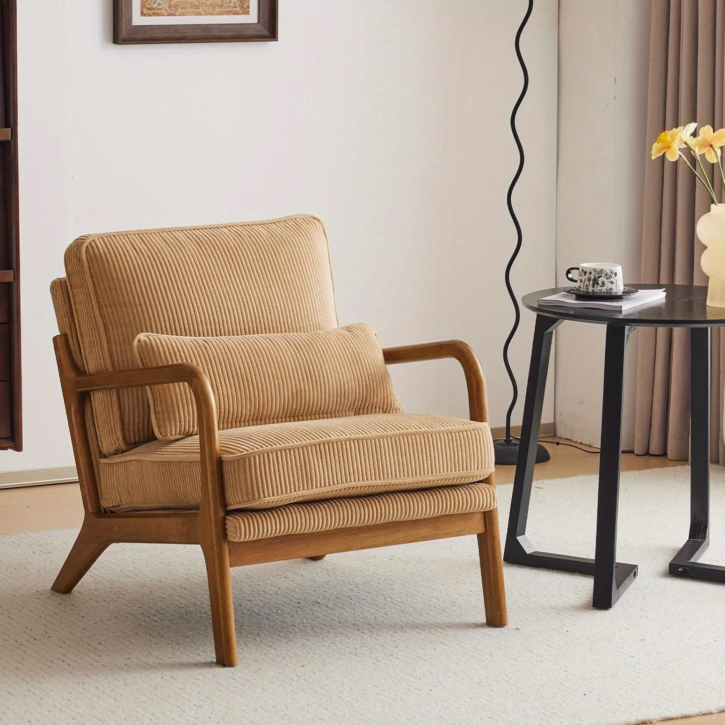 Mid-Century Modern Accent Chair with Soft Cushion, Solid Wood Frame, and Corduroy Upholstered Pillow