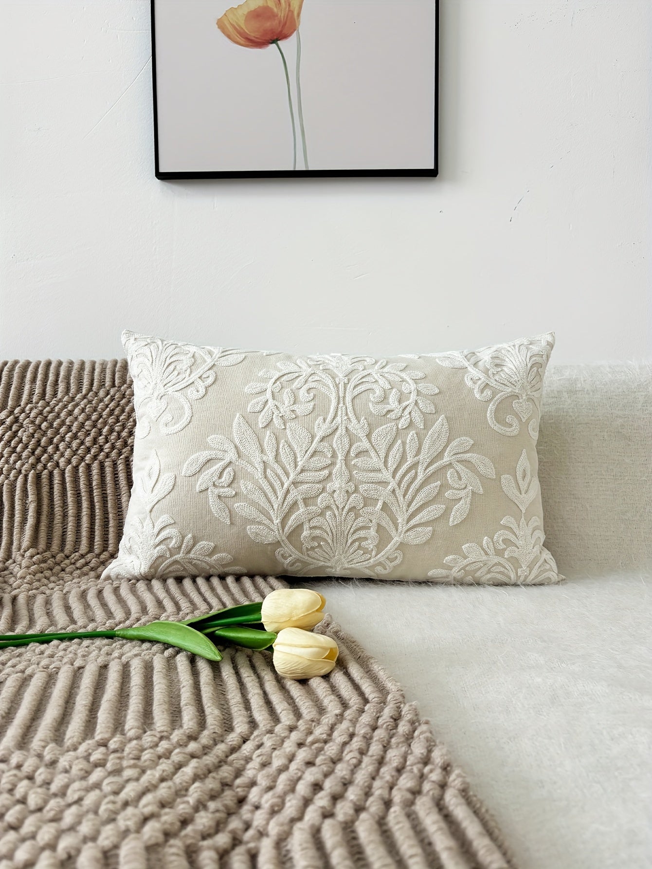 Contemporary Embroidered Floral Throw Pillow Cover