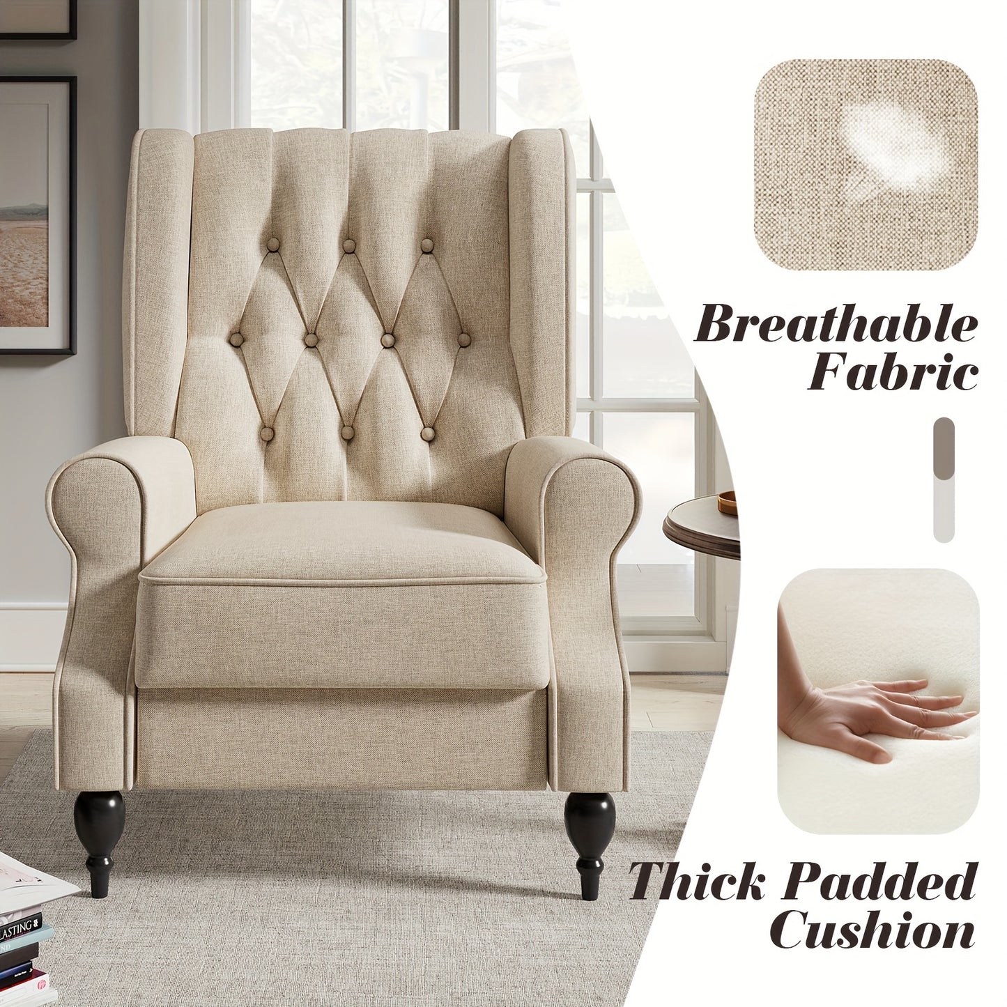 Luxurious Beige Tufted Wingback Recliner Chair