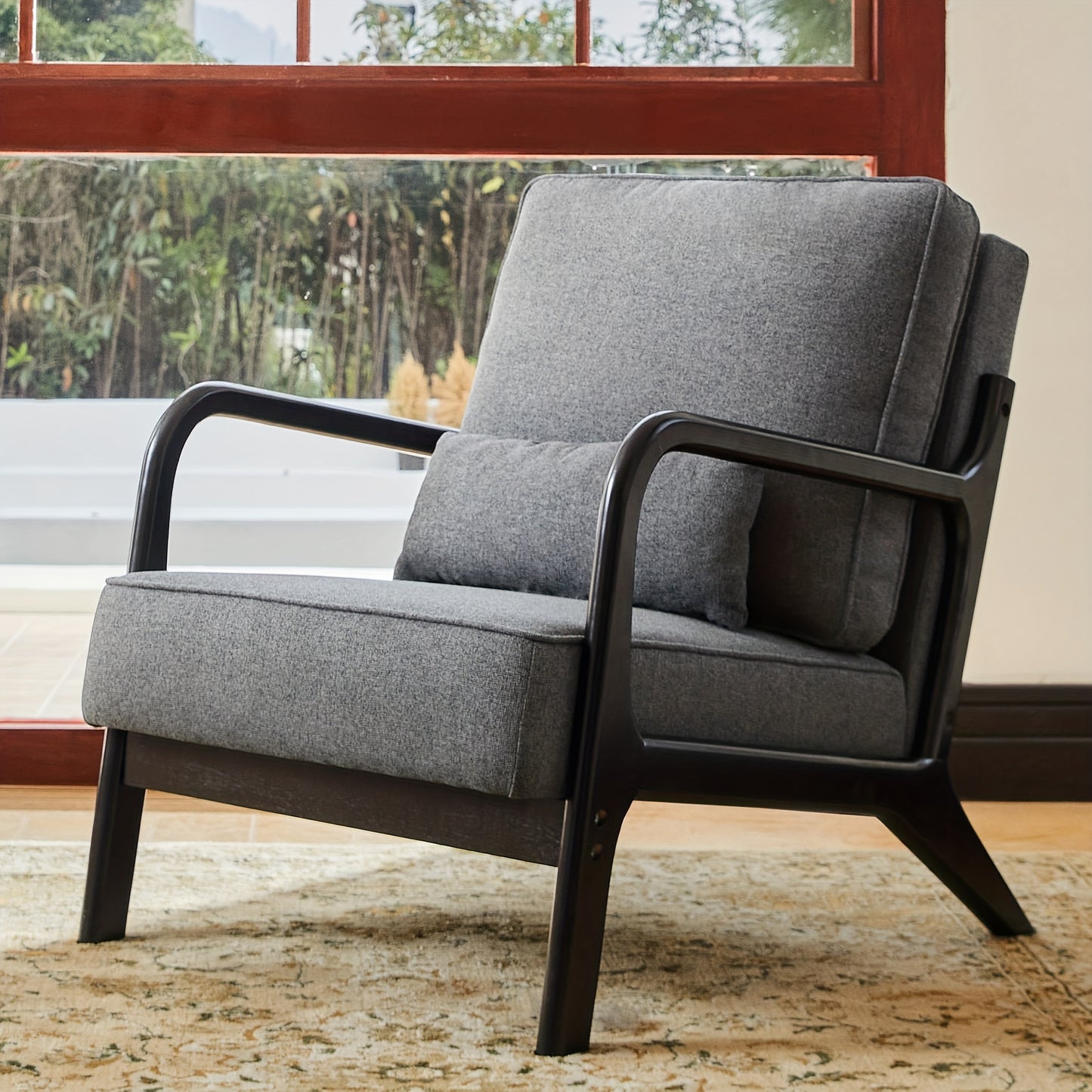 Modern Mid-Century Linen Solid Wood Upholstered Armchair Accent Chair