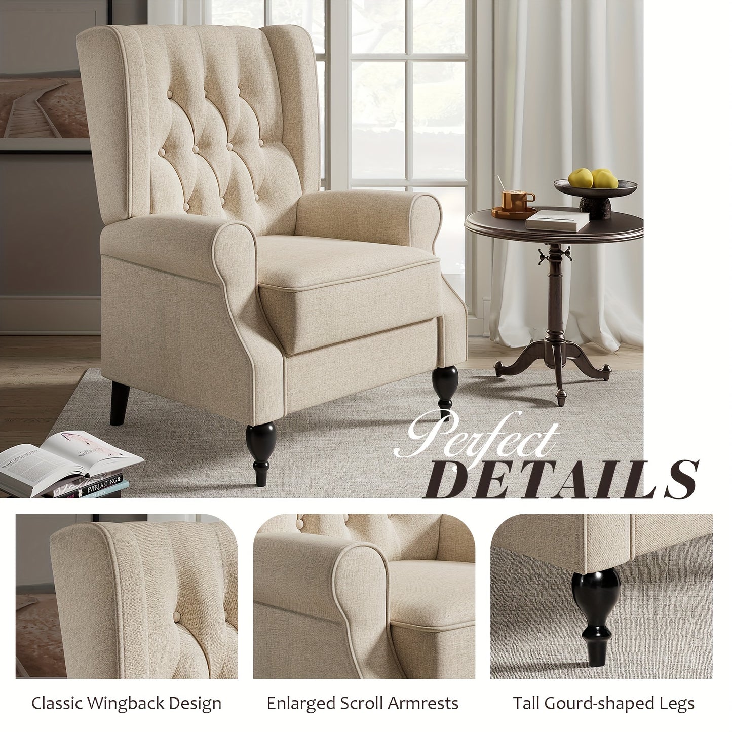 Luxurious Beige Tufted Wingback Recliner Chair