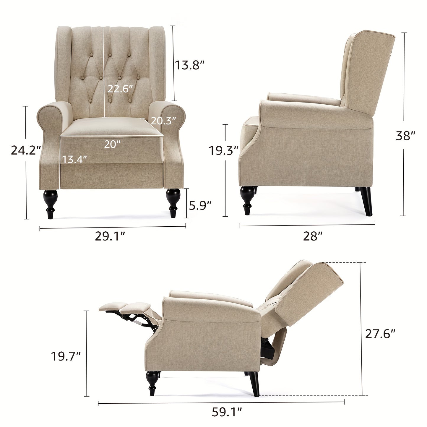 Luxurious Beige Tufted Wingback Recliner Chair