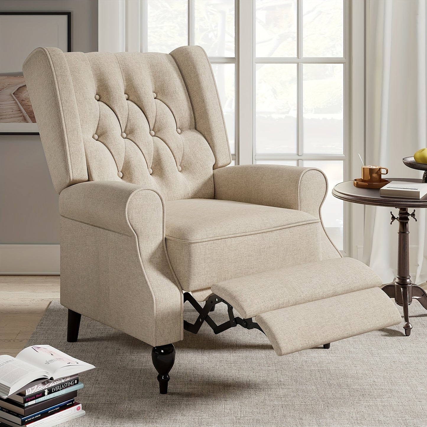 Luxurious Beige Tufted Wingback Recliner Chair