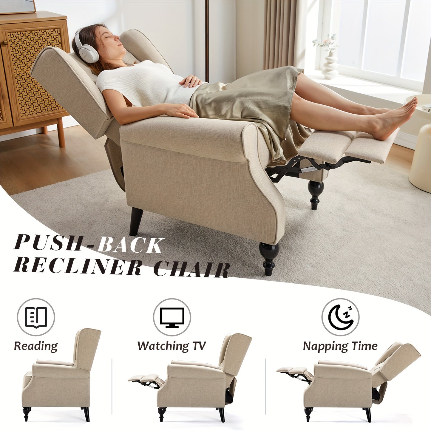 Luxurious Beige Tufted Wingback Recliner Chair