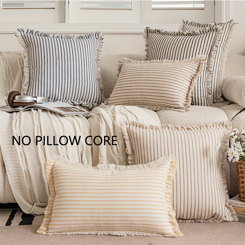 2 Pcs/Set Linen and Cotton Stripe Pattern with Hand-made Tassels Throw Pllow Cover