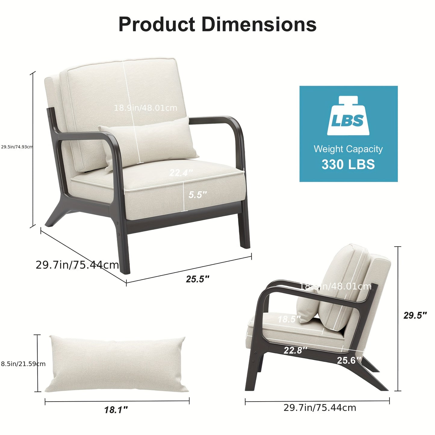 Modern Mid-Century Linen Solid Wood Upholstered Armchair Accent Chair