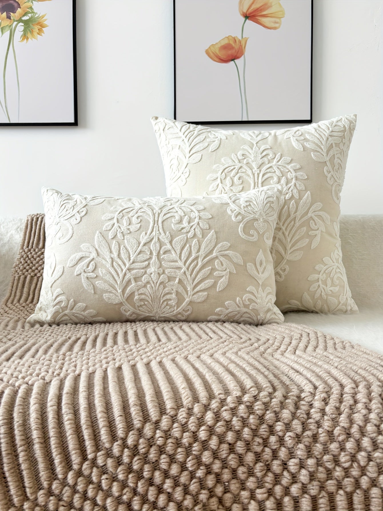 Contemporary Embroidered Floral Throw Pillow Cover