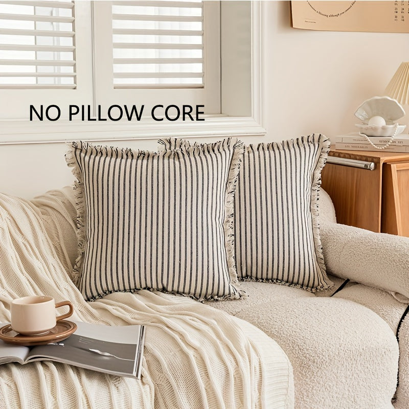 2 Pcs/Set Linen and Cotton Stripe Pattern with Hand-made Tassels Throw Pllow Cover