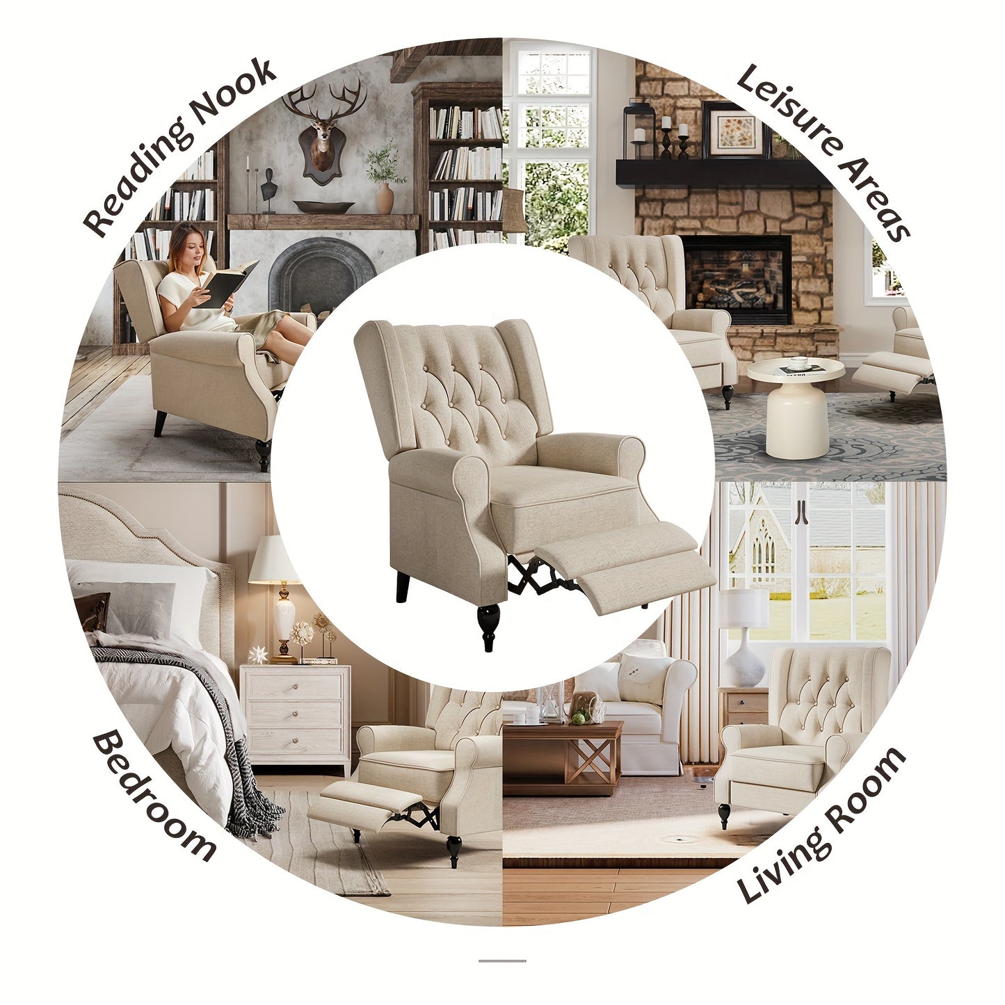 Luxurious Beige Tufted Wingback Recliner Chair